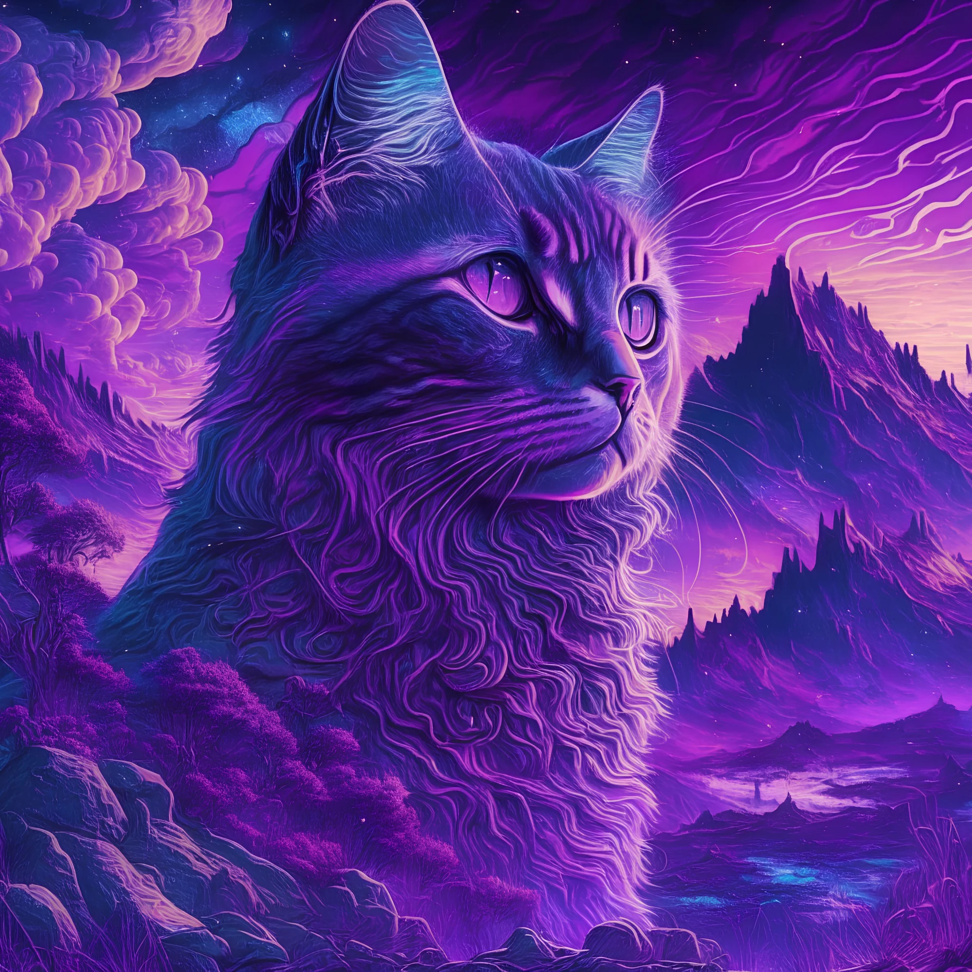 a majestic cat, psychedelic, violet tones, fantasy landscape