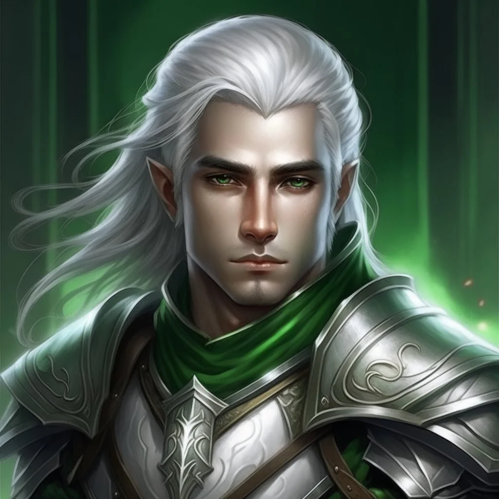 Please create an image for a young elven male with light brown skin, silver hair, and green eyes. He is wearing leather armor