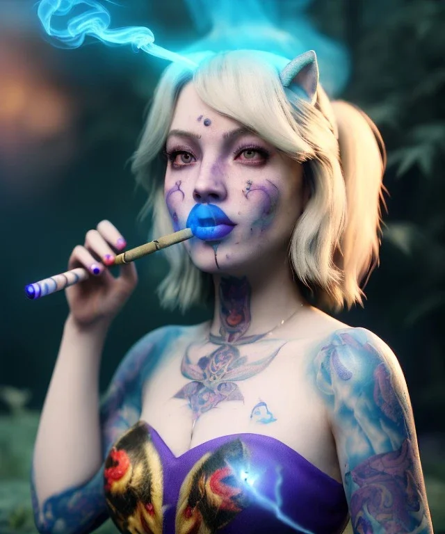 Ultra realistic wonderland photo, happy blonde woman smoking a shisha, blue dress, big purple-cat friend, circus dress style, old school tattoo, smoke, marijuana garden, glow eyes, perfect iris, soft color, highly detailed, unreal engine 5, cinematic, ultra detail, volumetric lighting, high definition.