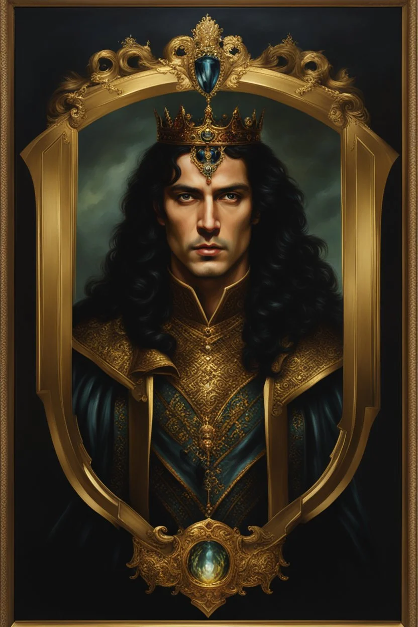 Gold framed painted portrait of a dark haired king with dark eyes, fantasy