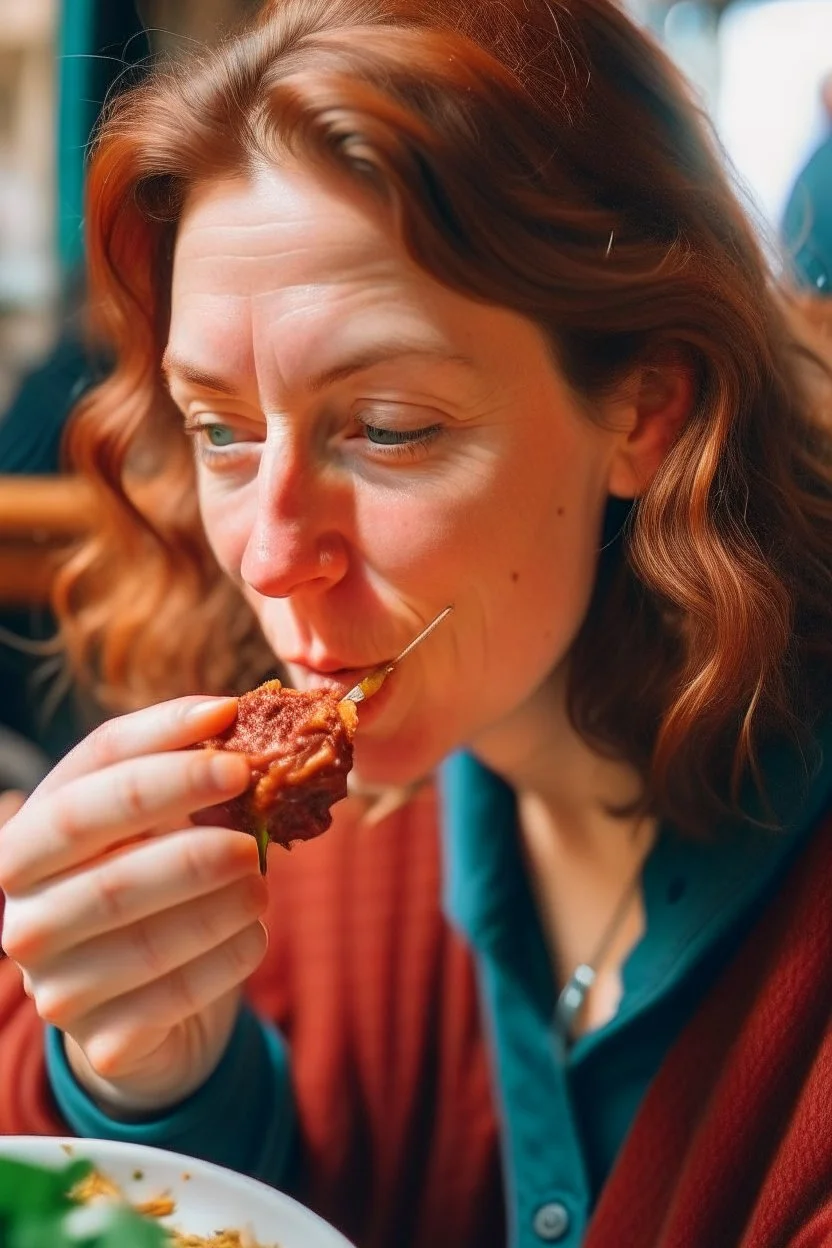 a woman eating corned beef with a straw