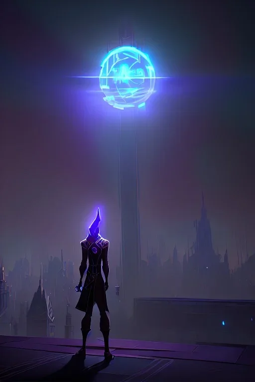 a city at night with a dark elf wizard holding glowing orb