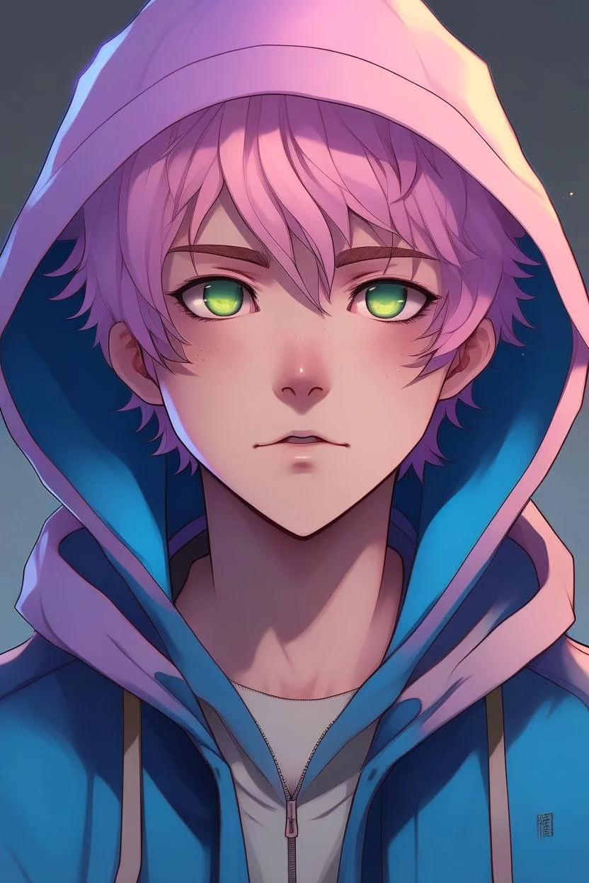 An anime man with messy short pink hair and narrow blue eyes wearing a hooded jacket Realistic.