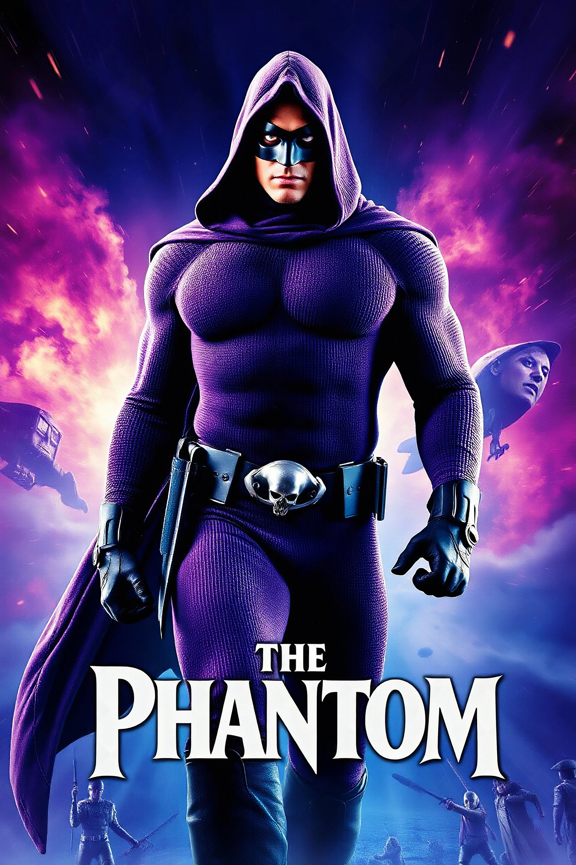Movie Poster - ((("THE PHANTOM"))), extremely thick, muscular, 6'6'' 18-year-old Billy Zane with extremely exaggerated muscles as the Phantom, long-sleeved, textured, padded purple cotton bodysuit with skintight, formfitting textured purple cotton cowl with ((black eye mask)) and widow peak, black gloves and wrist gauntlets, black boots, double holstered utility belt, skull-shaped belt buckle, glowing, white eyes, captured in a breath-taking explosion of color