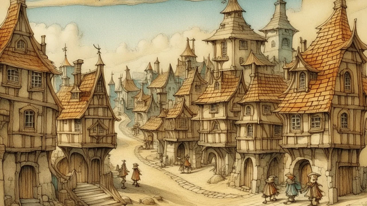 picturesque town in the desert, Early Middle Ages, painted by Anton Pieck