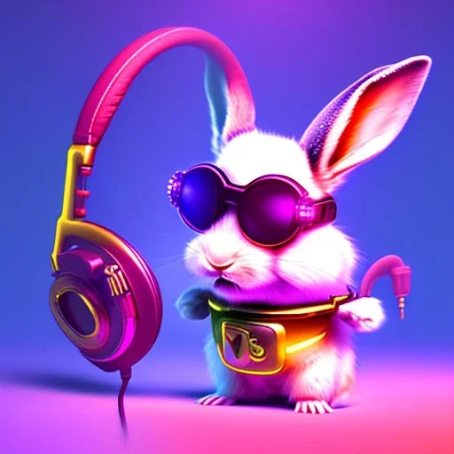 pixar style anamorphic cute smiling baby rabbit, smiling, cyberpunk headphone, sunglass, gangsta gold necklaces, full body, magenta puffer jacket, manila city background, dramatic lighting, hyper realistic, unreal engine 5, 16k