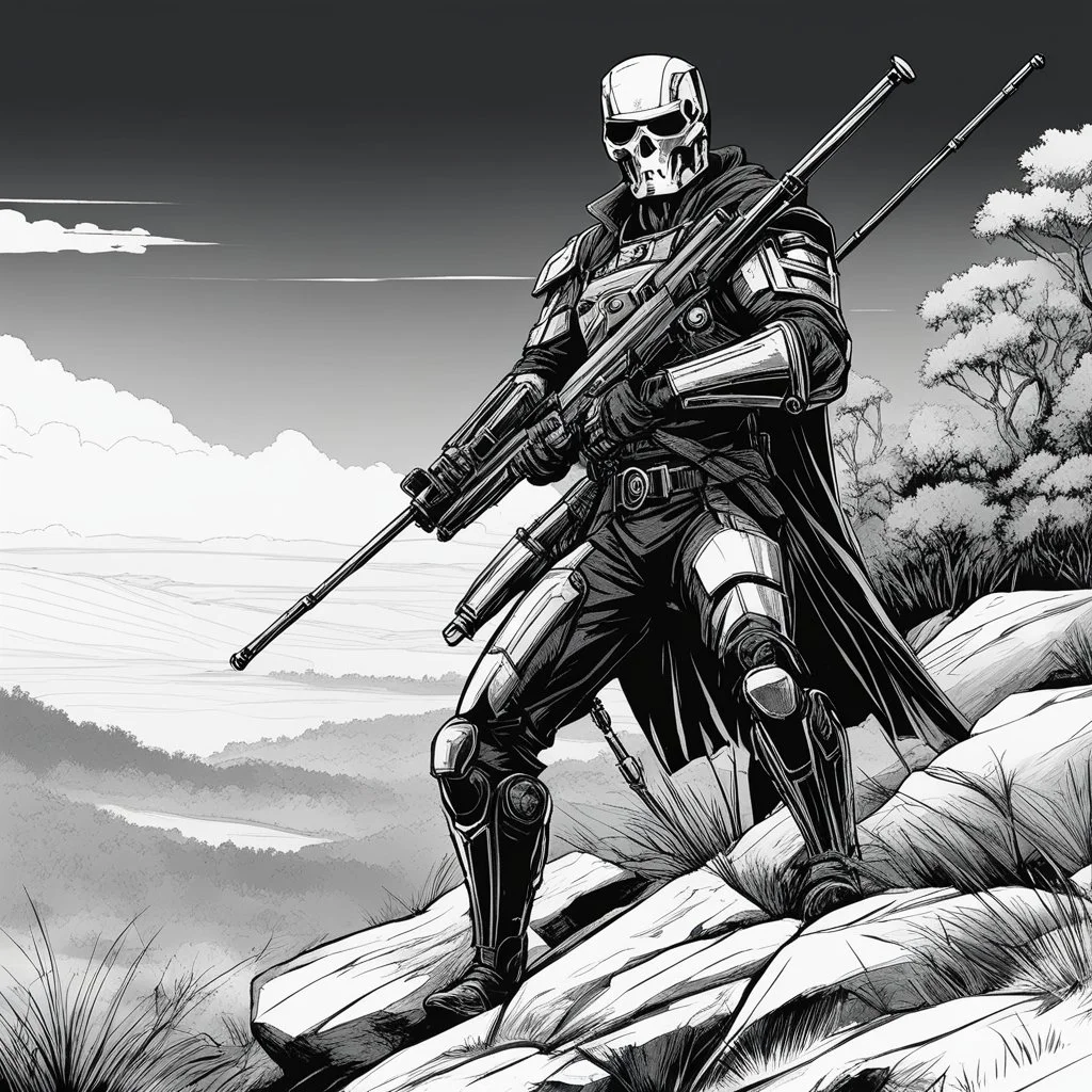 A Terminator as a sniper on a hill in the bush, his long rifle on a rock, ready to fire. Record of Lodoss War style, Linework: Expressive, expressive black ink line art with variable stroke weights. Crisp contours define silhouettes while fine hatching adds subtle depth and form.