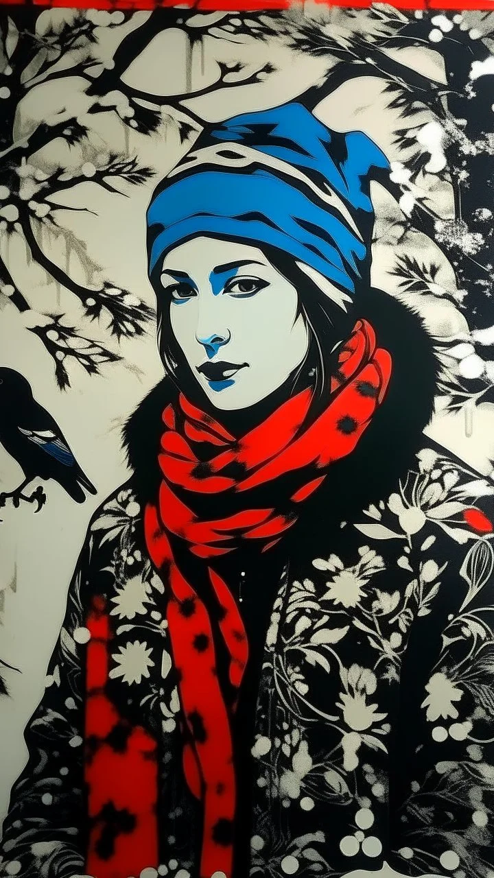 A contemporary serigraphy portrait by Kunisada painted by Matisse of a crow adorned in a punk leather jacket within a snowy Christmas atmosphere.