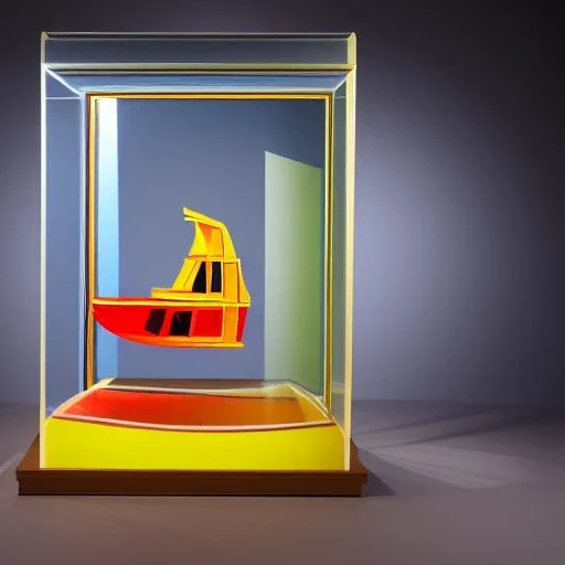 an architectural model of a colorful glass gondola on display in a contemporary art gallery in a bell jar, caustics reflections, symmetrical, pointed arches, frosted glass, muted fall colors, glossy from rain, rayonnant style