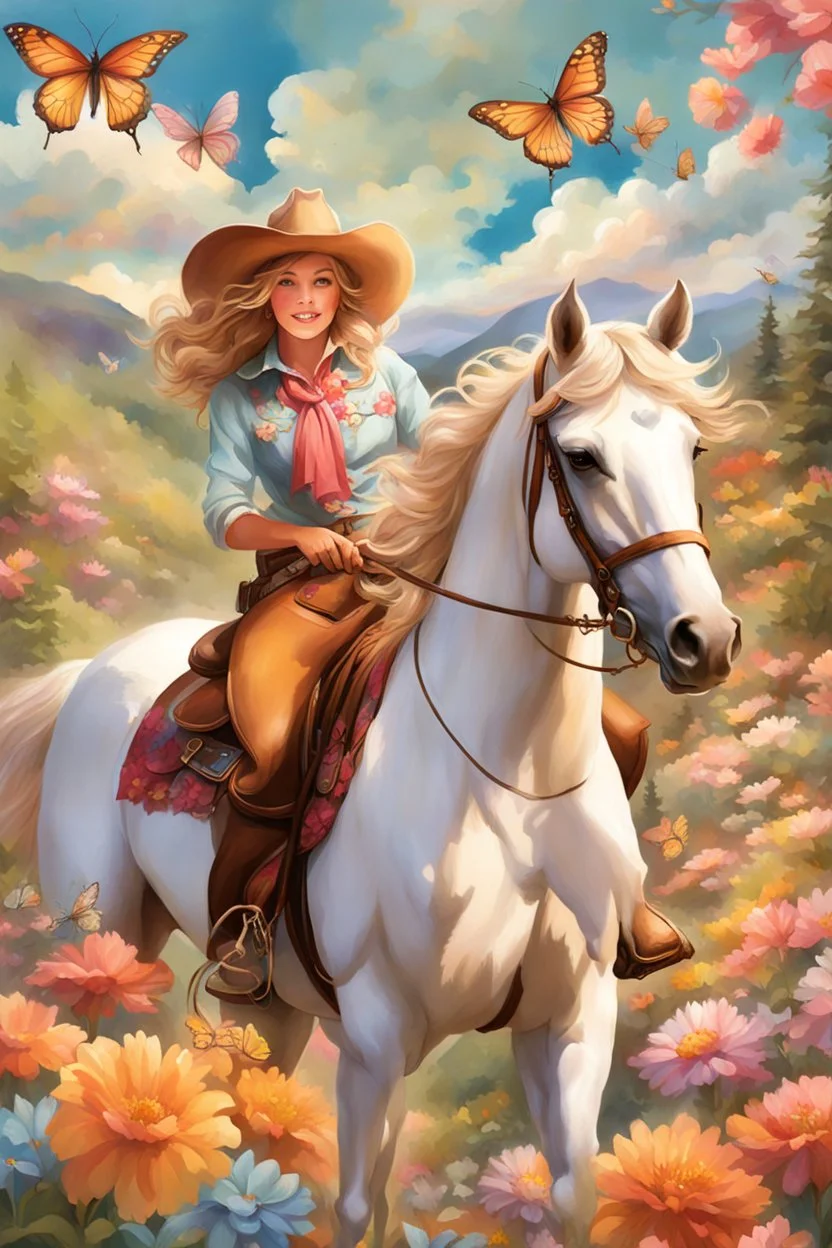 Wide angle of Artistic, Creativity,cowgirl on a horse in wilderness like a Marlboro advertisement, enchanting attire whimsical colors, dreamlike setting, floating pastel clouds, garden of surreal flowers:1.1, ethereal brush strokes, playful creatures, sparkling stars, radiant smile, glimmering eyes, magical ambiance, curly locks adorned with butterflies, teapot hat, caterpillar companion, paintbrush scepter, fantastical adventures, canvas of imagination, painted wing, laughing in wonder, enchant