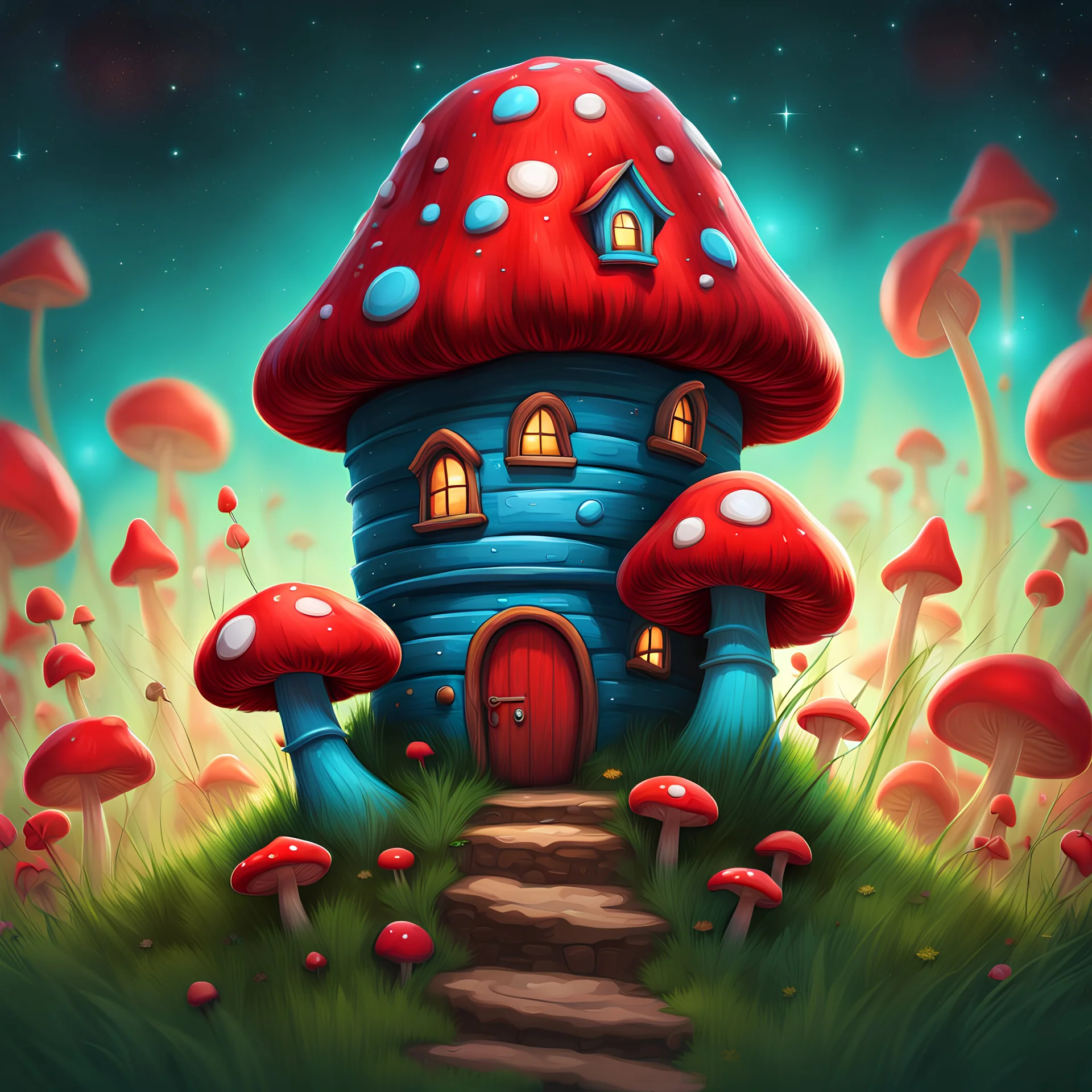 vibrant cyan and red mushroom house on dirt pillar grassy top outer space. stars, grass, mushroom house, dirt pillar. Detailed gloss Painting, rich color, fantastical, intricate detail, splash screen, hyperdetailed, insane depth, concept art, 8k resolution, trending on artstation