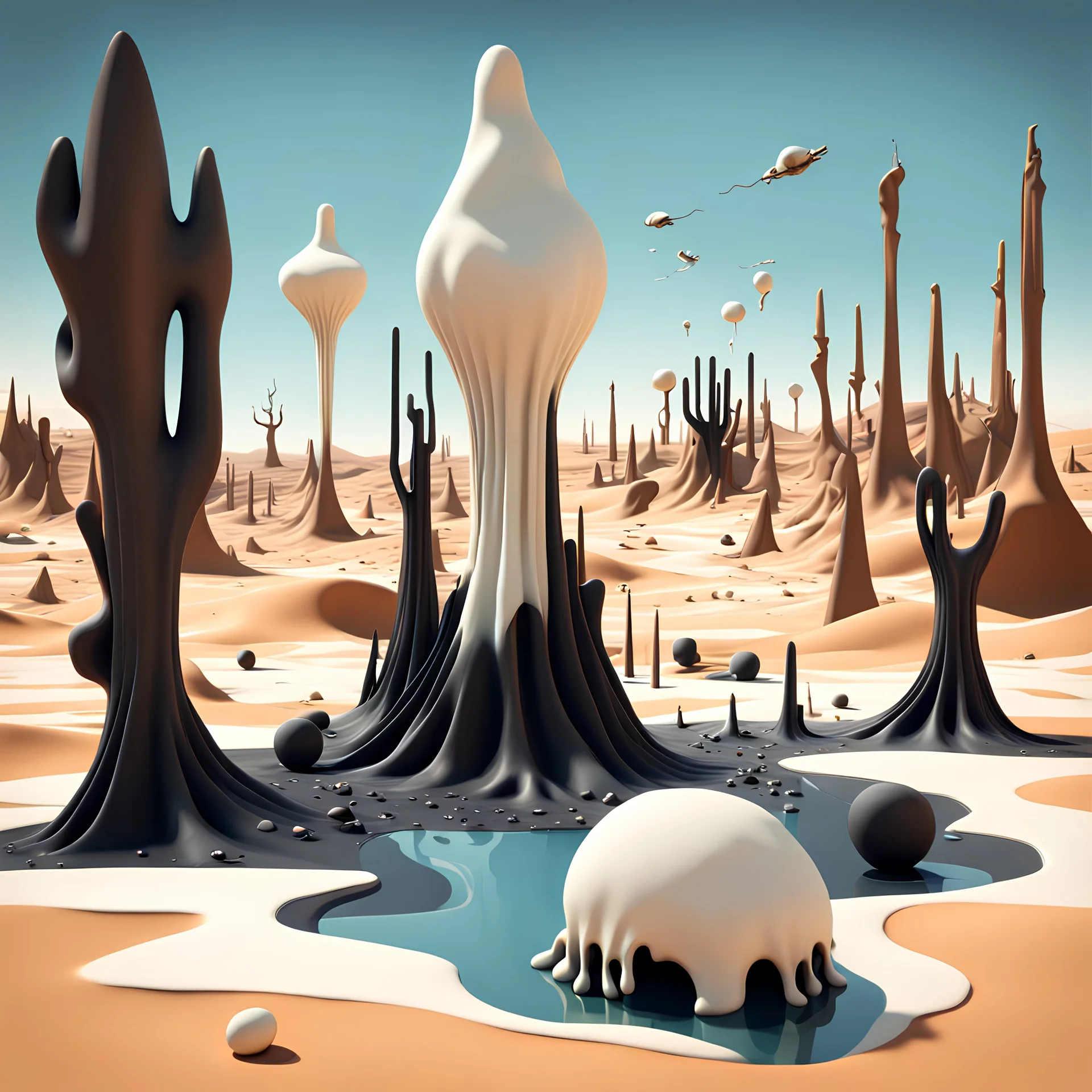 Dark, creepy, 3d, surreal objects in a bright environment, desert, noon light, melting cream, Yves Tanguy style