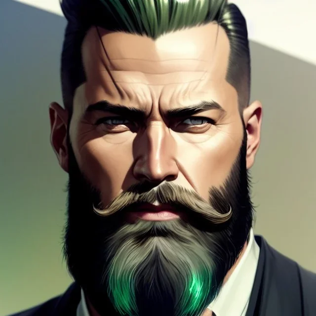 "MIddle aged white human male, with a trimmed but uneven beard, piercing green eyes with slick back hair, head and shoulders portrait, 8k resolution concept art portrait by Greg Rutkowski, Artgerm, WLOP, Alphonse Mucha dynamic lighting hyperdetailed intricately detailed Splash art trending on Artstation triadic colors Unreal Engine 5 volumetric lighting Splash art fantasy"