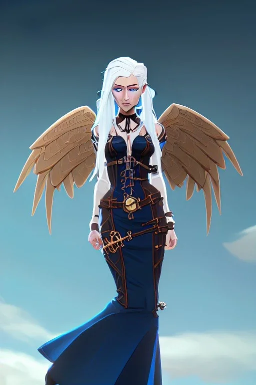 blue sky clouds, blonde steampunk angel in a flowing gown, majestic