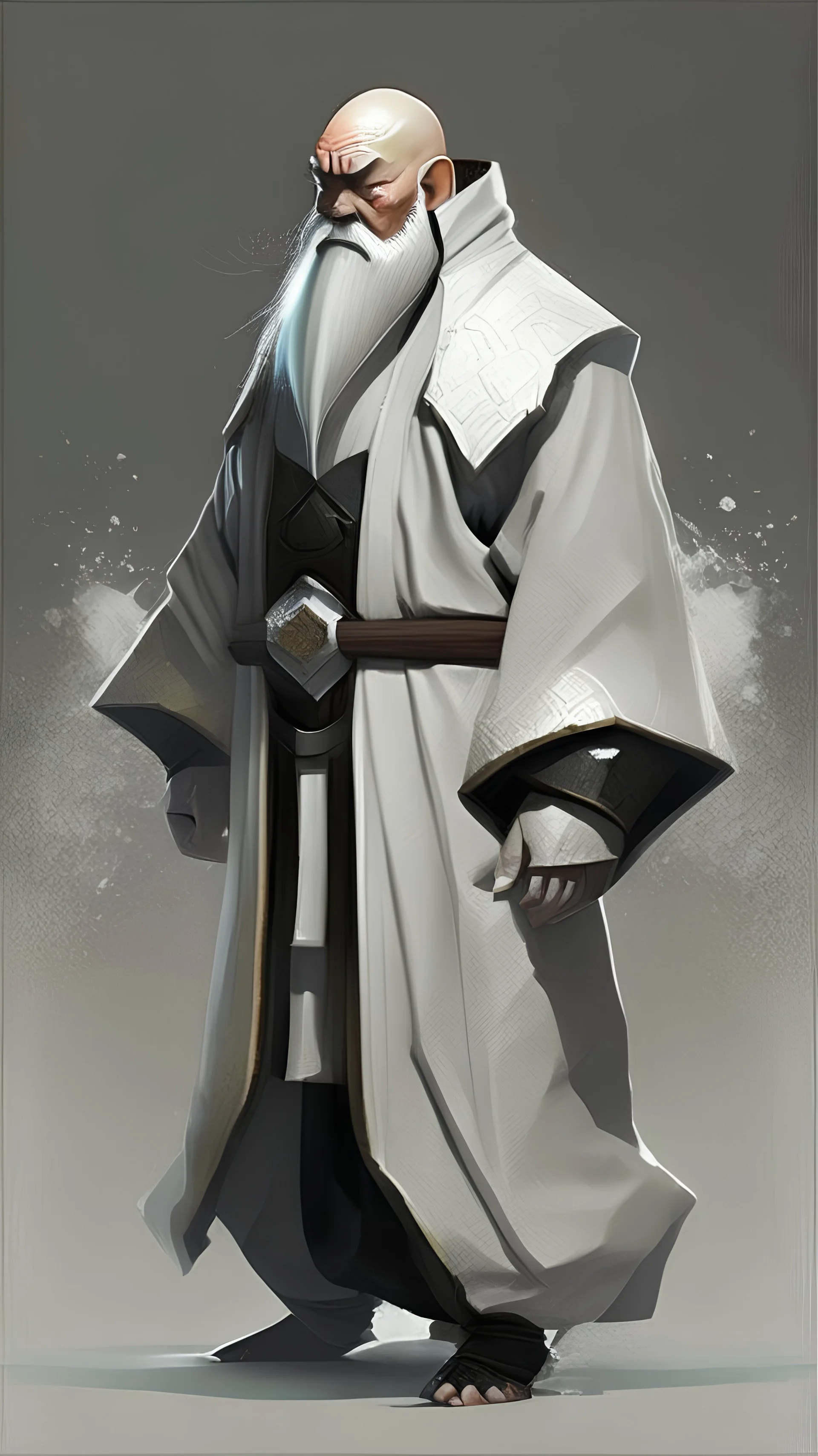 bald man; dwarf ; White beard; one piece armored; front view; black robes