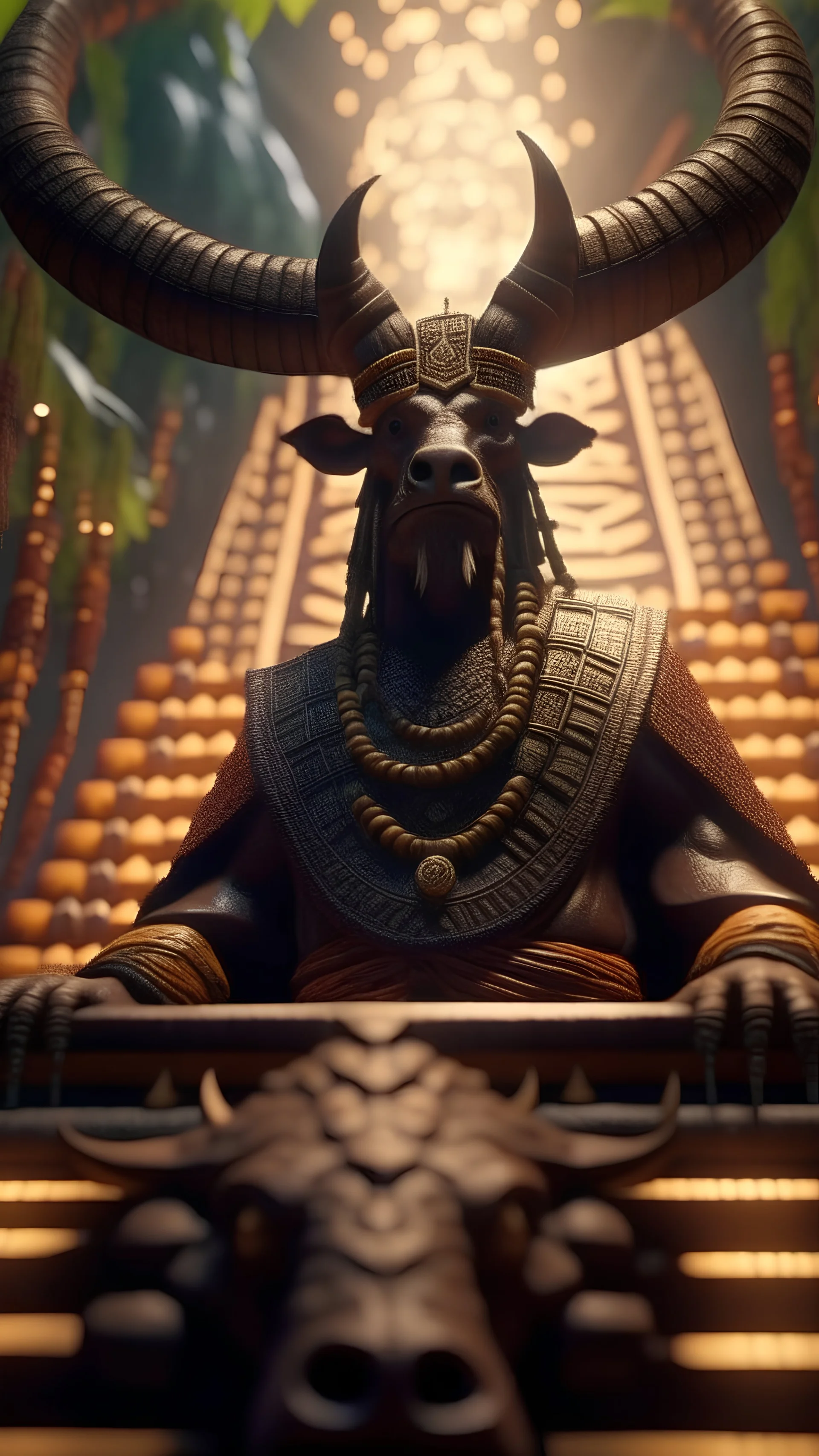 close up portrait of a happy blessed ancient magical king buffalo soldier standing on a throne in a space alien mega structure with stairs and bridges woven into a sacred geometry knitted tapestry in the middle of lush magic forest, bokeh like f/0.8, tilt-shift lens 8k, high detail, smooth render, down-light, unreal engine, prize winning