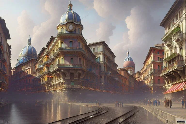 Train+Elevated Train pass+trains+ corner building on sea+riomaggiore+genoa street+turin+Italian medieval town+Italian city+alphonse mucha, greg rutkowski,matte painting, cryengine, hyper detailed, felix kelly, fantasy art, seb mckinnon