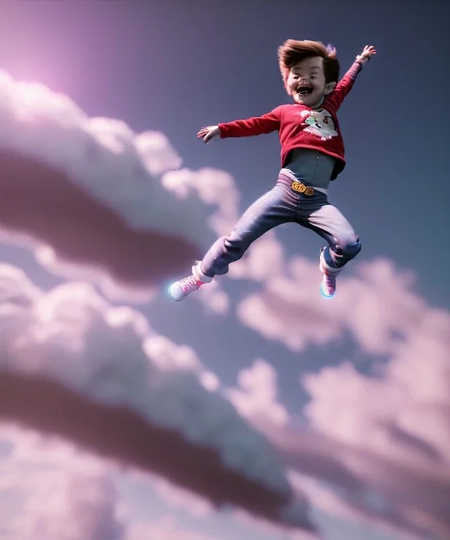 Ultra realistic clouds sky scene, wide angle, medium shot view, portrait, sweet Child, free jumping flying, trinkets, monster hair, jelly beans, balls, smile, happy, Peter Pan style, inflatable color clothing, extreme, wind, clouds sea, 20,000 feet altitude, stratosphere, soft color, highly detailed, unreal engine 5, ray tracing, RTX, lumen lighting, ultra detail, volumetric lighting, 3d, finely drawn, high definition, high resolution.