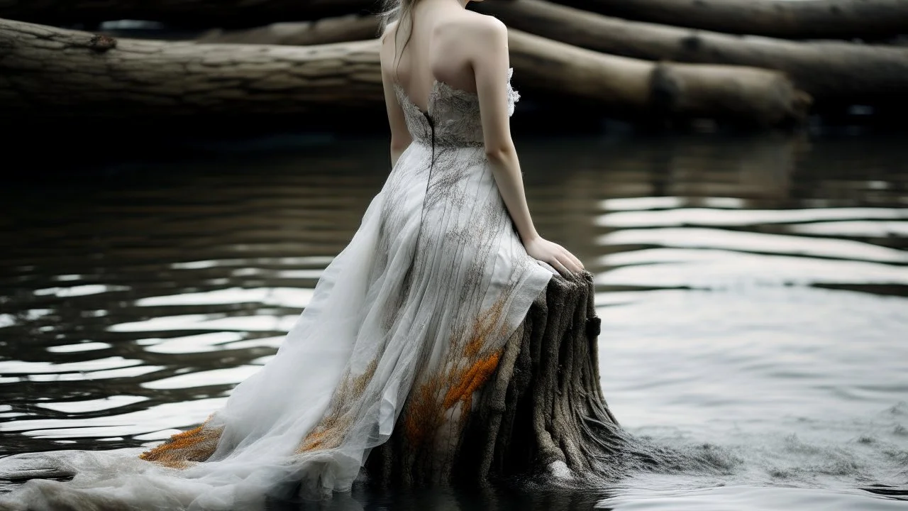 Contraste de texturas: corteza de abedul blanca y rugosa contra el agua lisa y el vestido vibrante, capturando una atmósfera etérea.
