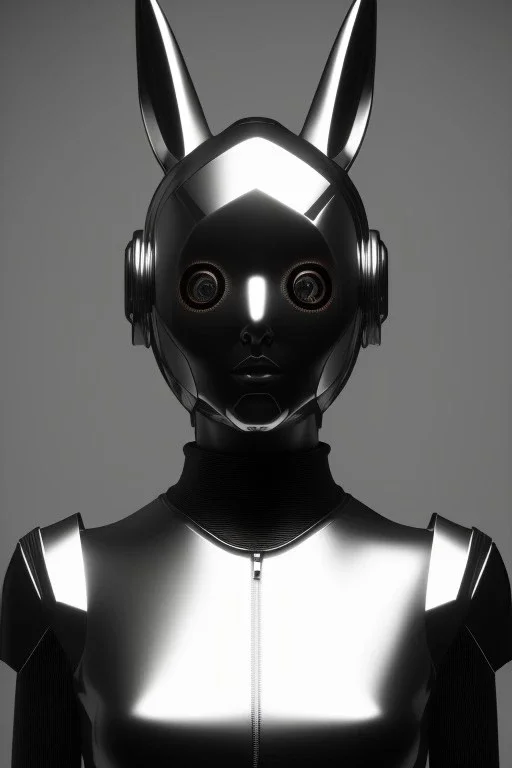 MCU Portrait, Front image, cyberpunk Asian woman rabbit mask, black silver color, latex dress, highly detailed, concept art, smooth, unreal engine 5, god rays, ray tracing, RTX, lumen lighting, ultra detail, volumetric lighting, 3d, finely drawn, high definition, high resolution.