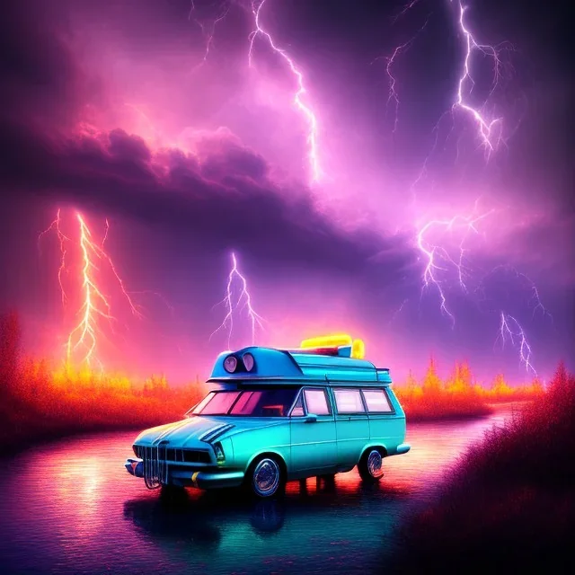 An old caravan at the bottom of an streaming river, lots of clouds within neon lights, thunder