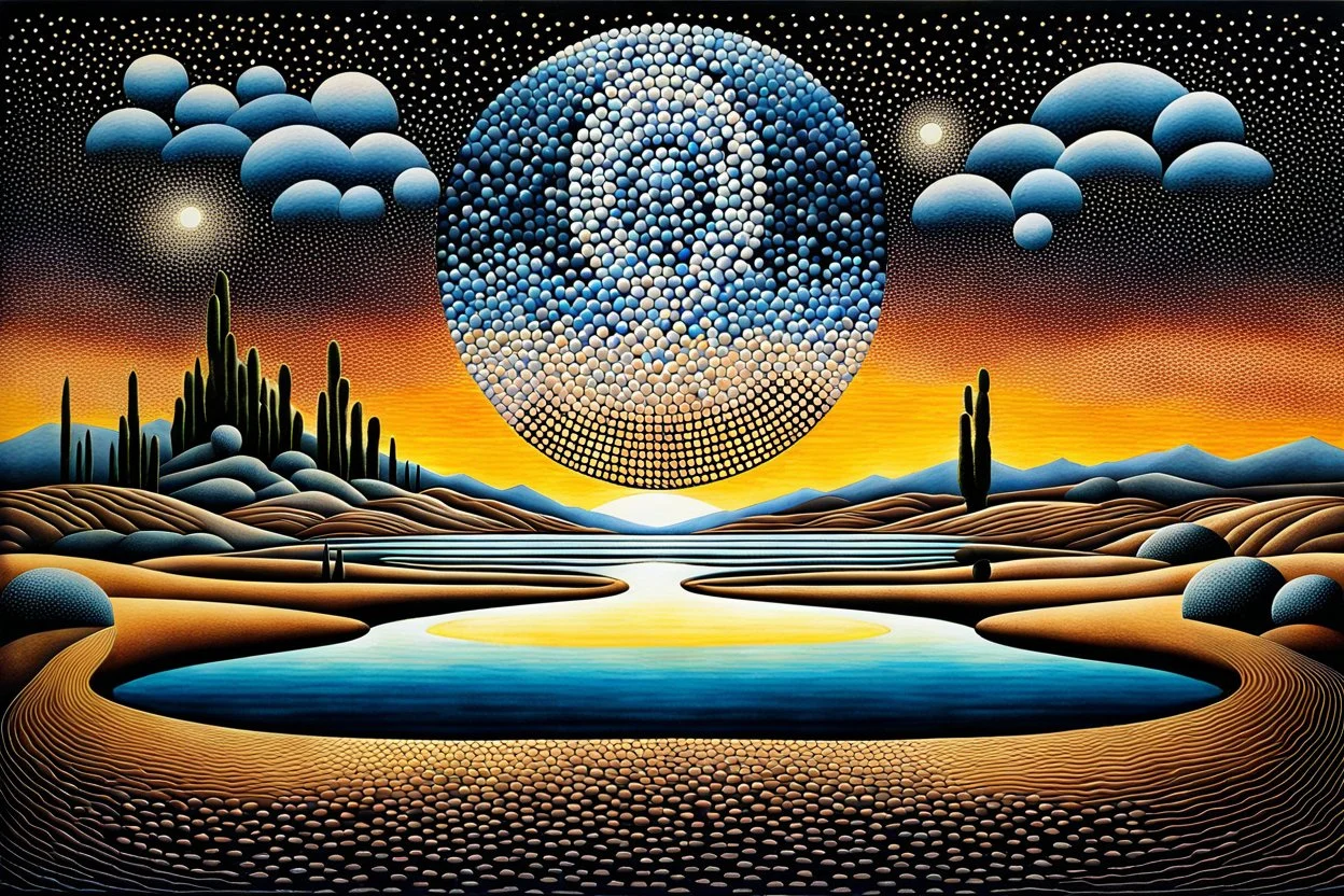 Pointillism surreal abstract landscape, standing and floating geometric shapes, circles, ovale and squares with overlapping shadows, and reflections in iced-desert scene, dark complementer colours, surreal sky, lightning, detailed, masterpiece