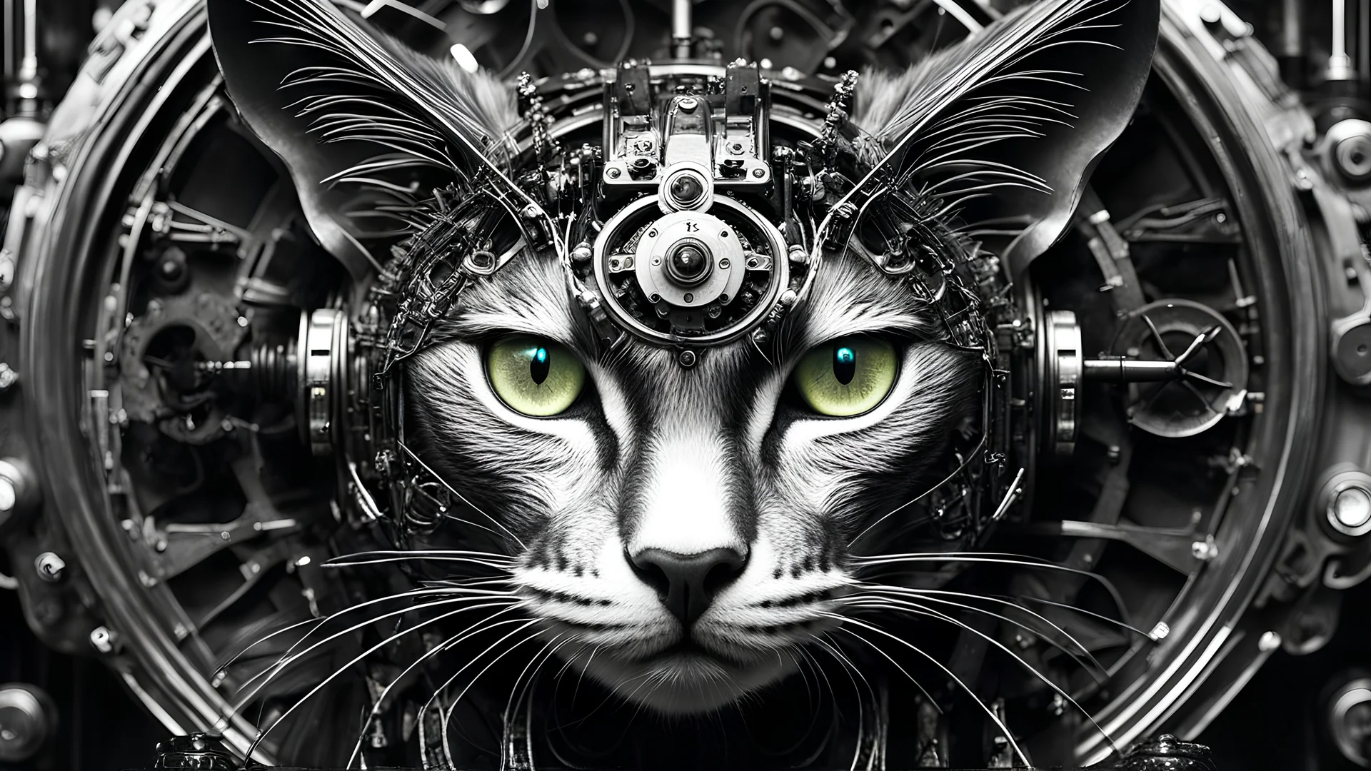 Length photograph mecha face steampunk sci fi portrait of a mechanized cat, or various animals, or mythical creatures, anthropomorphic, high key lighting, 3d bas relief, front view clock, glowing neon nixie cyberpunk eye, wire whiskers cyborg high contrast black and white image