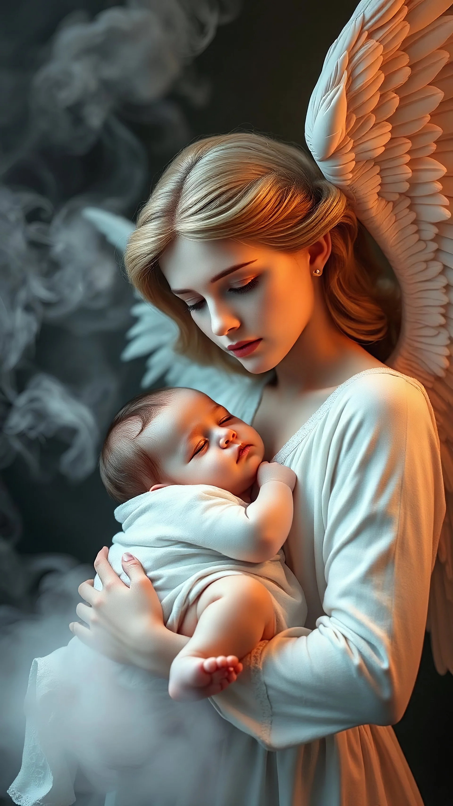 A beautiful female angle with wings she has a beautiful sad face carrying a beautiful baby and look at the Baby with love all white form formed from white smoke