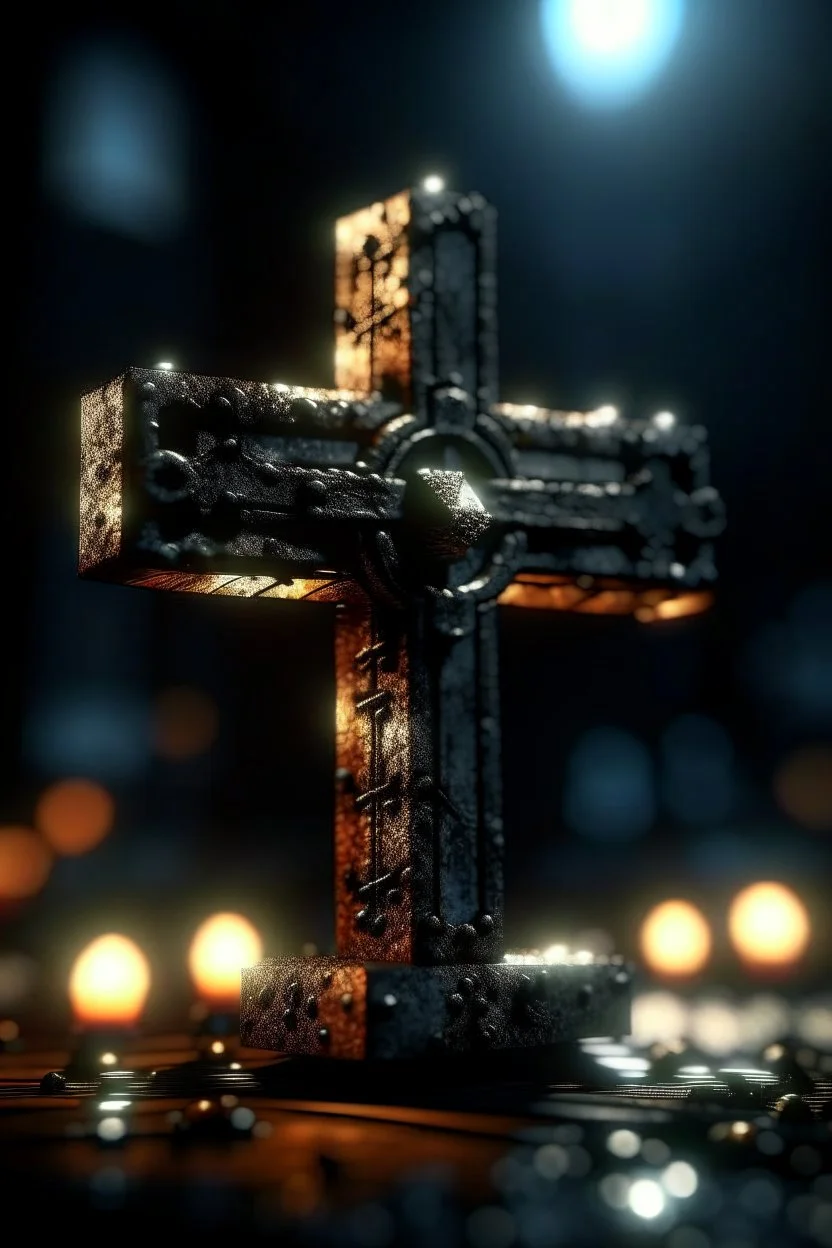 a cross with eyes like spotlights , photo-realistic, shot on Hasselblad h6d-400c, zeiss prime lens, bokeh like f/0.8, tilt-shift lens 8k, high detail, smooth render, down-light, unreal engine 5, cinema 4d, HDR