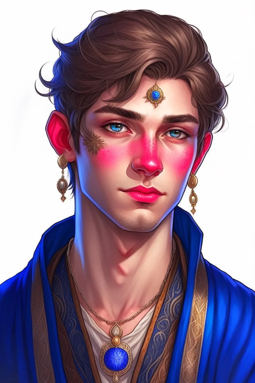 a wealthy half-elf young man with pointy ears and blue eyes, wears lots of jewelry