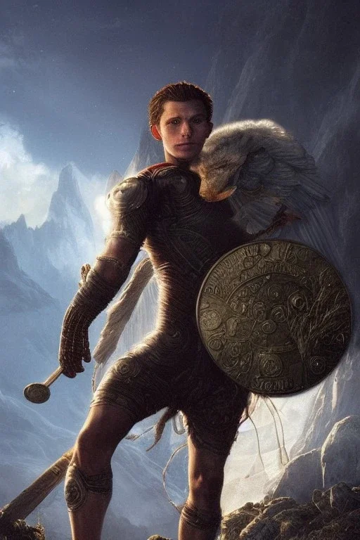 A highly detailed portrait of Tom Holland's character running as a berserker, holding coins in the night Alps. Angelic background and volumetric gold light add to the atmosphere. HR Giger style adds intricate details and high detail.