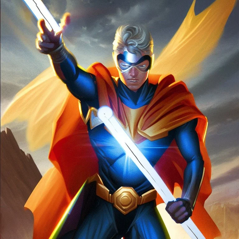 A superhero man with infinite power and technology from the galactic race, with a double-edged sword of fire and ice.