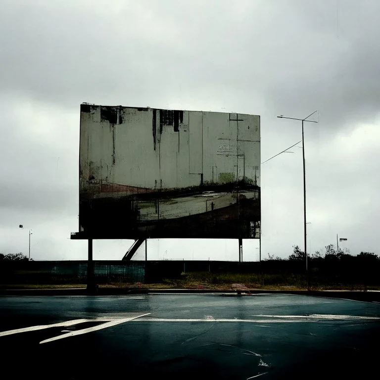 Minimal contemporary abstract oil paintings of desolate 1960s carpark with road markings and concrete fragments. Overlay with grungy typography graphics. style of Justin Mortimer and Francis Bacon.