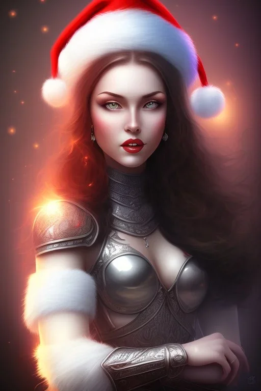 portrait lady warrior with black long hairs very big bobs and Christmas hat roses