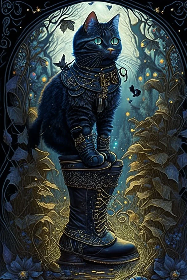 dark fantasy, intricate cover, a whimsical fairytale with a cat wearing boots on its hindlegs