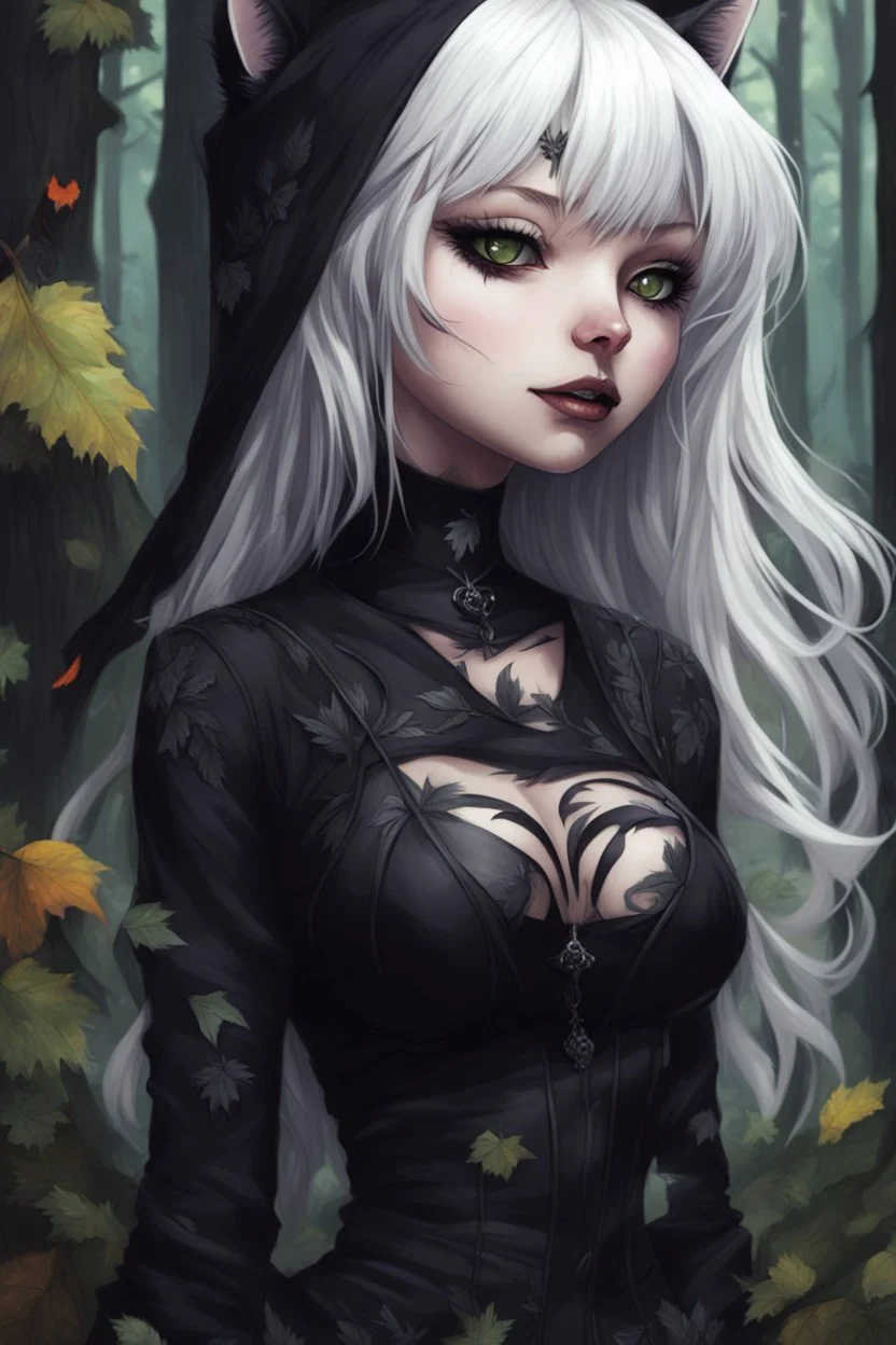 CAT GIRL, goth, forest, nature, cartoon, leaves, boobs, portrait, colour image, white hair