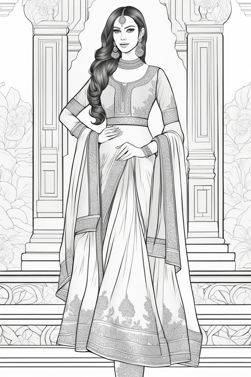 coloring page for adults of fashion model wearing hindi dress, thick and clear lines hair, full body portrait, style clean coloring page for adults, cartoon style, clean line art high detailed, white background, coloring book style, 8k, no-shading, thick lines hair, no-grayscale, lines hair