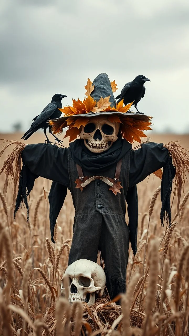 scarecrow wearing a leaves hat and black clothes in surrendered by field of barely , crows are standing on his shoulders and a skull on the ground