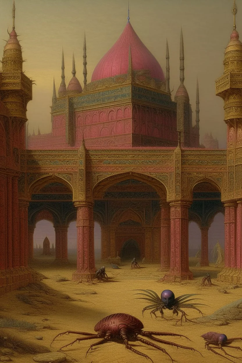A purplish magenta Egyptian spider palace in a desert painted by John Atkinson Grimshaw