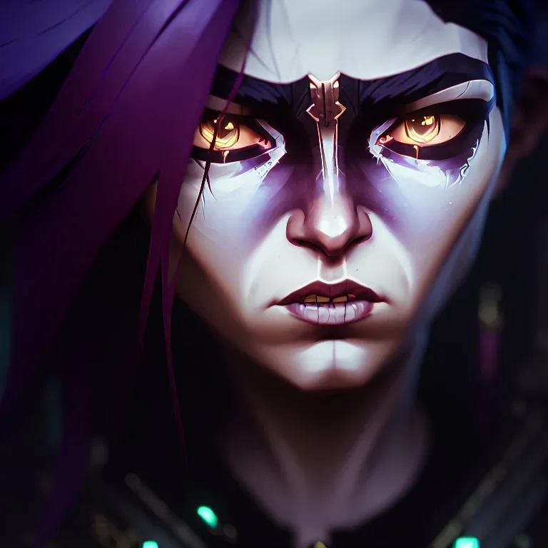 a moody close-up portrait of beautiful female warrior with long white hair in a cyberpunk city, volumetric lighting, particals, intricate detail,realistic, 8k