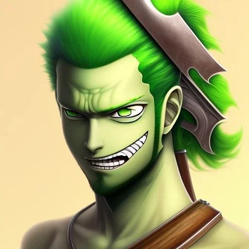 zoro, green hair, chainsawman, animestyle, denji, three chainsaw style, three sword style, majestic, soft pastel colors, soft smooth lighting, intricate detail, closed left eye, three sword, full body, sword handle in mouth, tan skin,