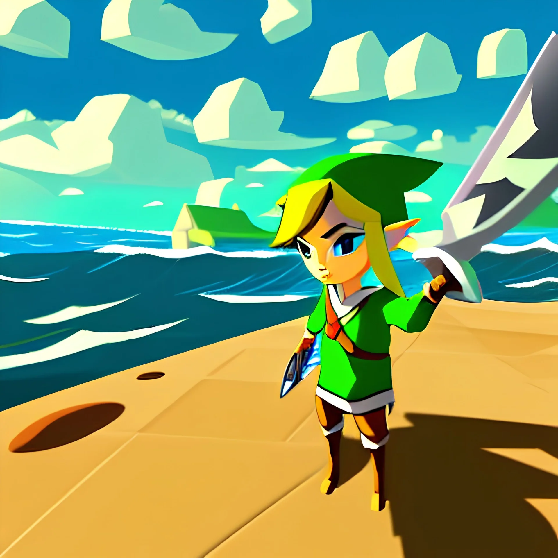 Legend Of Zelda: Wind Waker style vast ocean, stylized, celshaded, colorful, adventurous, frontal view, full view.