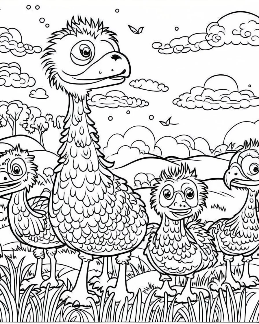 create a 2d black outline, "safari smiling cartoon Ostriches coloring book for toddlers", coloring page, low details design, black contour, coloring page design, simple background, colorful , card style, coloring page for kids, white background, sketch style, safari landscape, cartoon style