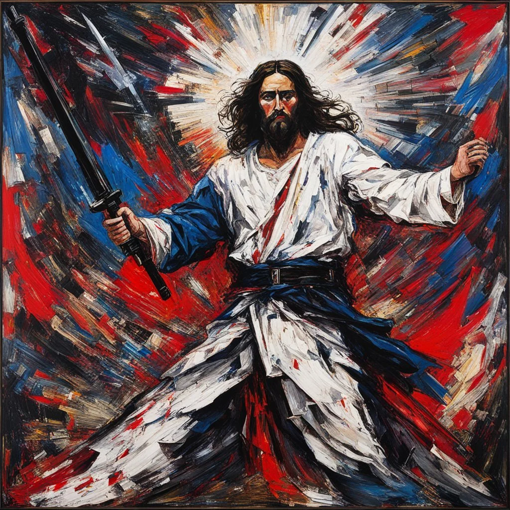 [art by Jean-Paul Riopelle] Jesus with a lightsaber opening the belly of the devil