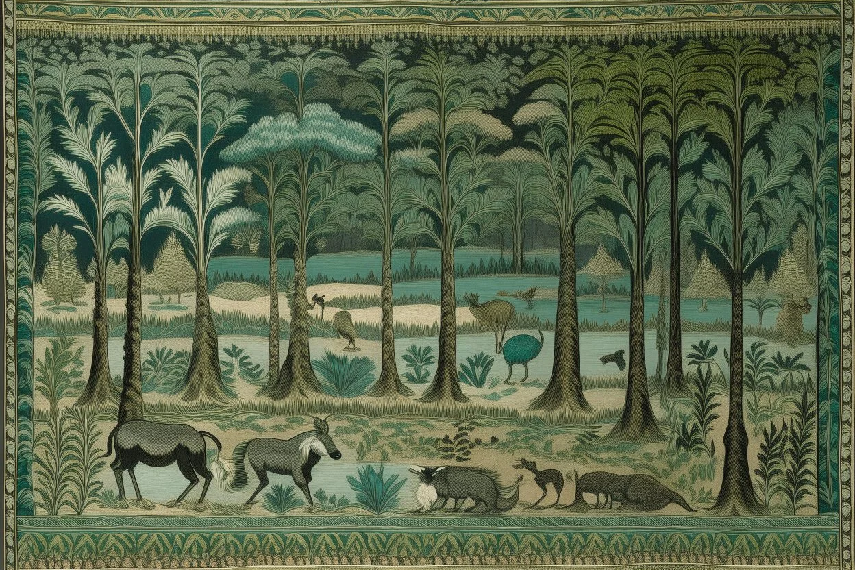 A grayish green kingdom with animals designed in Navajo woven art painted by Claude Monet