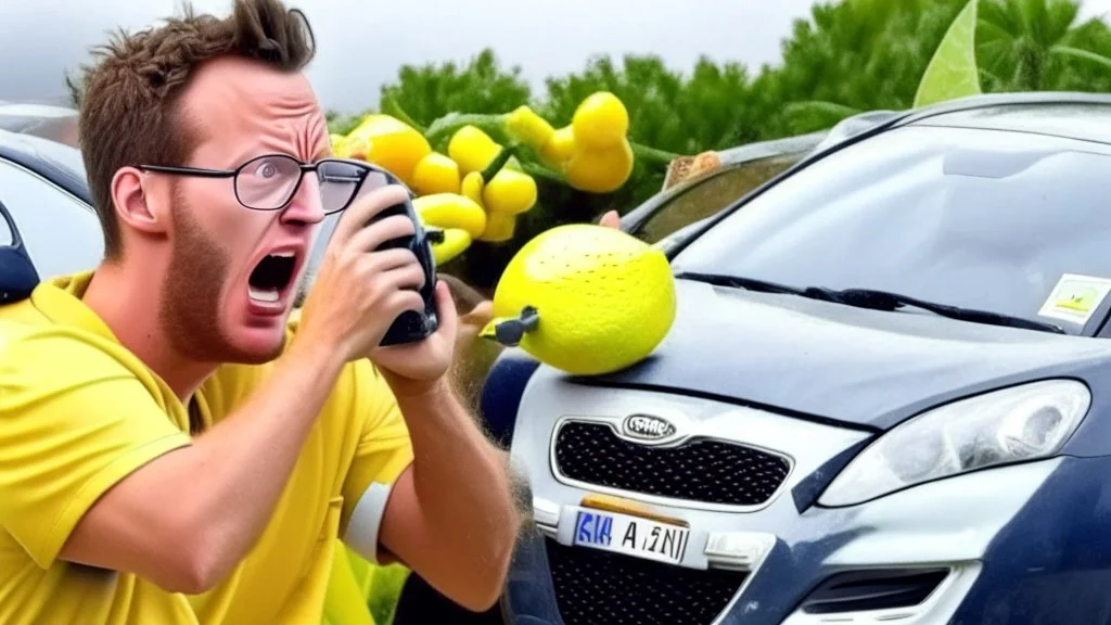 guy in hurricane arguing on phone next to his kia sportage made out of lemons