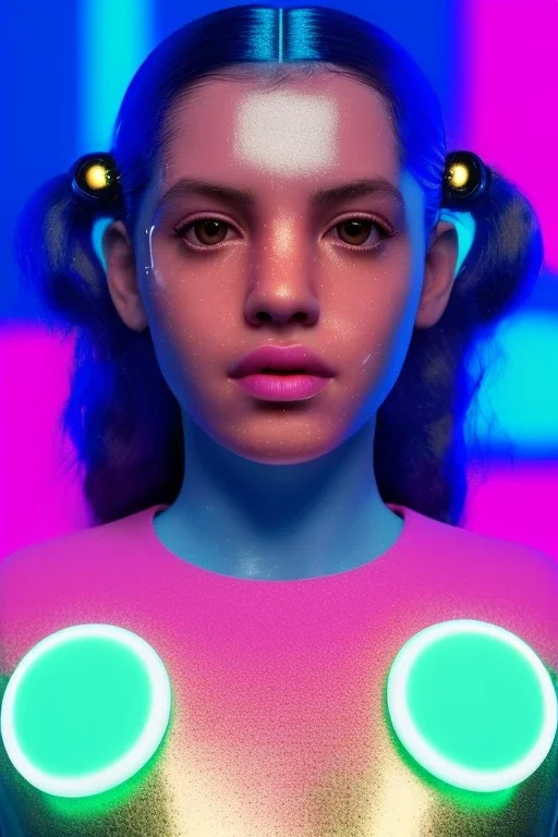 Rosalía artist, Realistic image, natural waist up portrait, perfect eyes, glow, circle iris, eye liner.sweet face, pigtails hair, spray line make up, glow. lips, gold. big rings piercing, led ornament, pearls. coat, latex, inflatable, hot, led lights, minimal, neon, pink, blue, gold, vibrant color, highly detailed, art stations, concept art, smooth, unreal engine 5, god lights, ray tracing, RTX, lumen lighting, ultra detail, volumetric lighting, 3d, finely drawn, high definition, 4k.