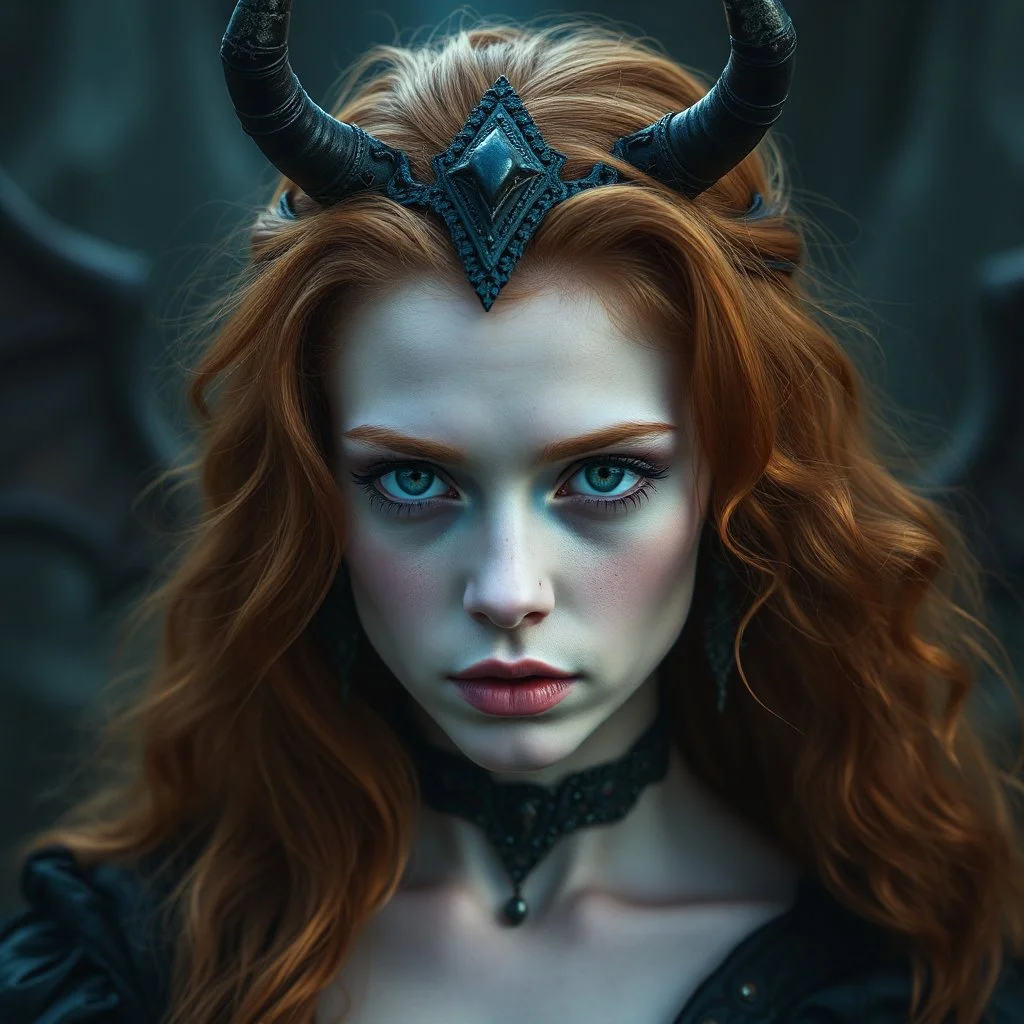 a beautiful fantasy woman, young, ginger hair, insane, dark fantasy art