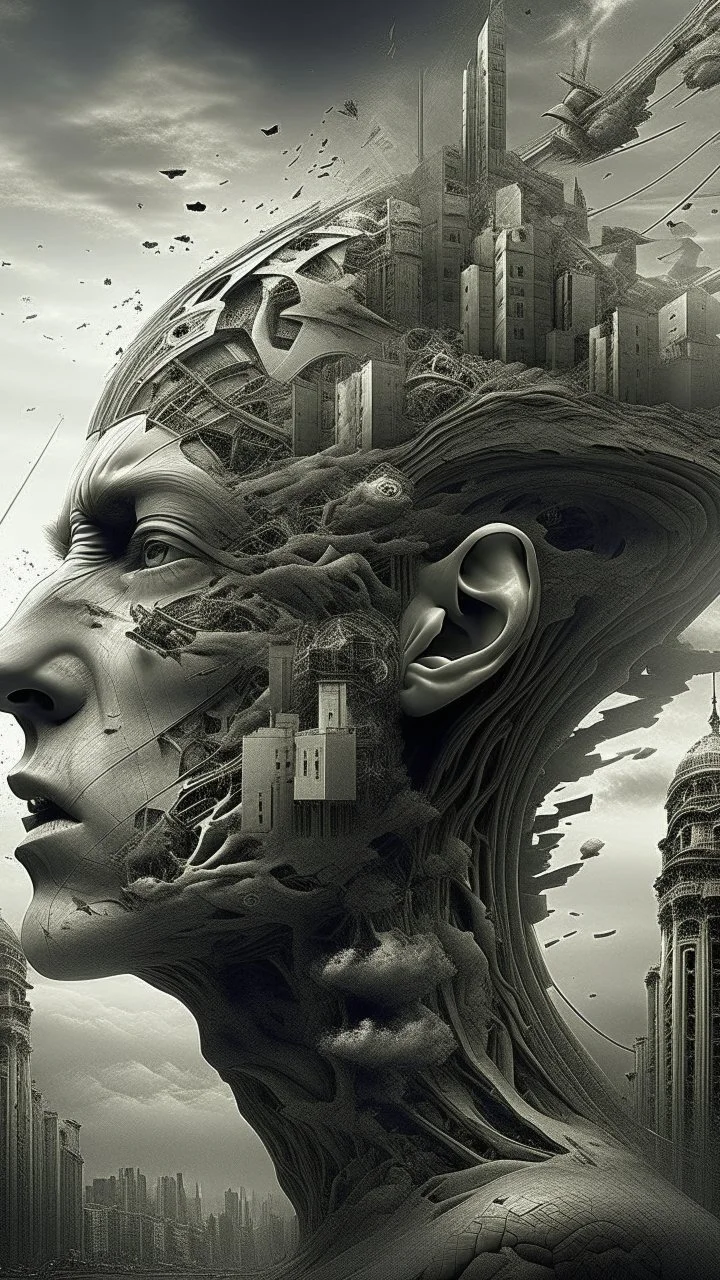 /image, randomised, depicting illusion, the Impossible, nonsense, the immaterial, intangible, and futuristic. Be wildly random in producing totally new ideas and images. Show me the deep scars inflicted on my soul and mind. Epic, cinematic.