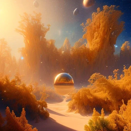 beautiful cosmic transparent golden landscape very etheric and cosmic, delicate colors, ultra sharp focus, 8k, unreal engine 5, extremely sharp detail, light effect, soft light atmosphere, smooth, full of details